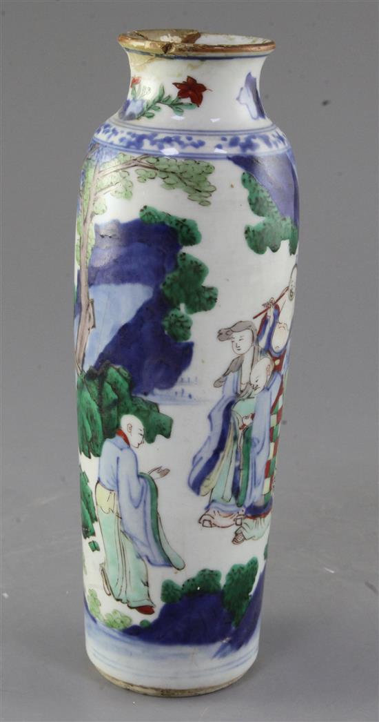 A Chinese wucai slender cylindrical vase and cover, late 17th century, height 24.5cm, old discoloured repairs to rim
